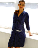 Belabumbum Dottie Robe Super soft polka dot print robe with an overlapping front offers a comfortable fit during pregnancy and discreet nursing coverage after baby. in color Navy/White and shape robe