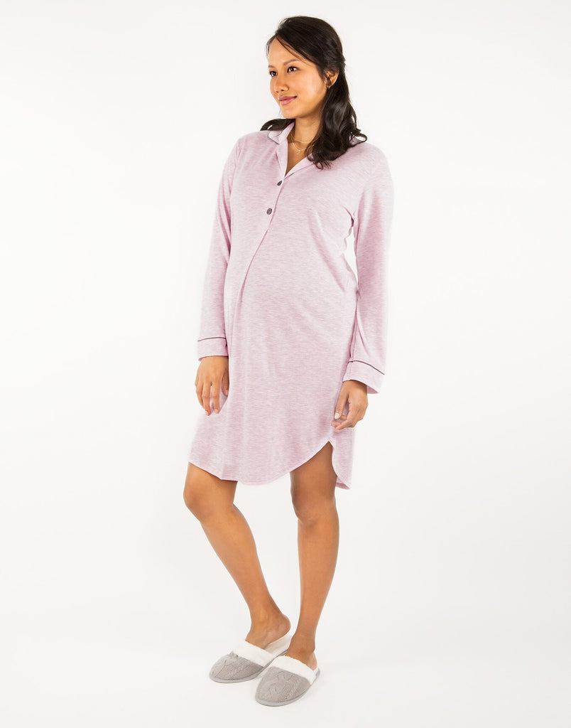 Belabumbum Lounge Chic Nightshirt Maternity & Nursing Button Down in color Pink Marl and shape sleepshirt