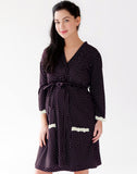 Belabumbum Dottie Robe Super soft polka dot print robe with an overlapping front offers a comfortable fit during pregnancy and discreet nursing coverage after baby. in color Navy/White and shape robe