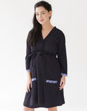 Belabumbum Dottie Robe Super soft polka dot print robe with an overlapping front offers a comfortable fit during pregnancy and discreet nursing coverage after baby. in color Black/Lilac and shape robe