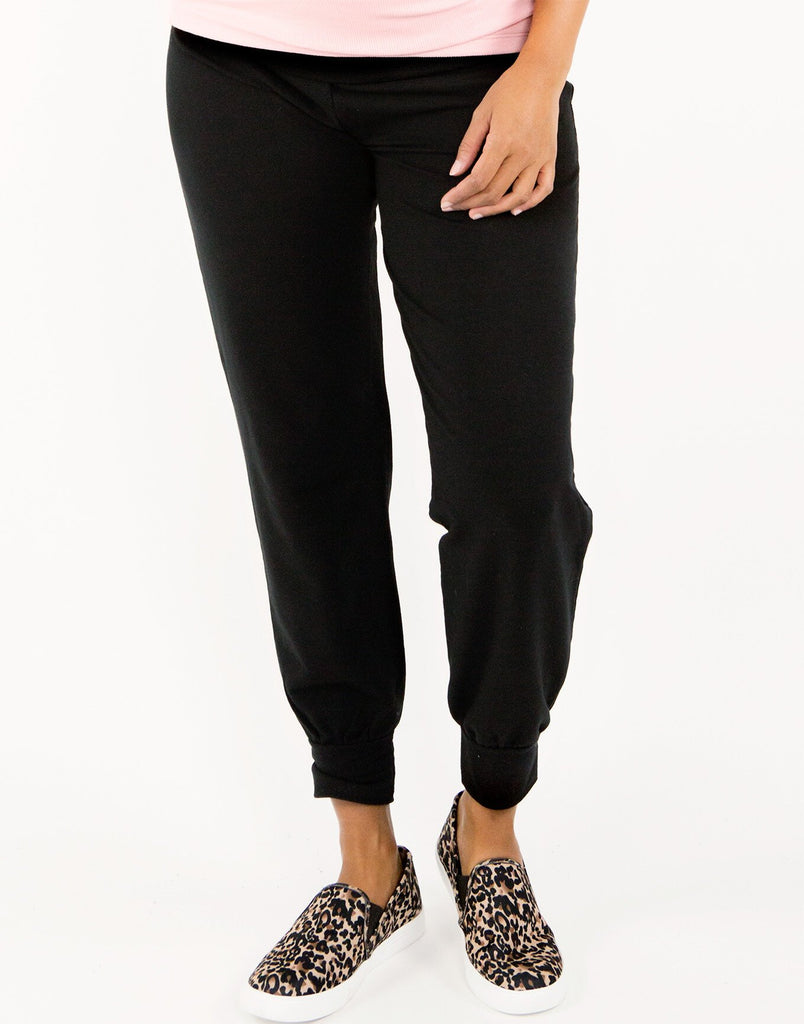 Belabumbum Foldover Jogger Maternity Athleisure Pant in color Jet Black and shape jogger