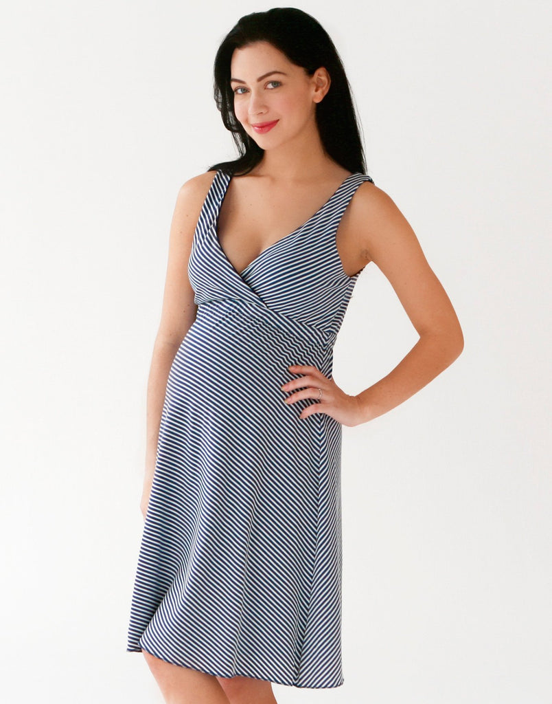 Belabumbum Reversible Dress This reversible maternity and nursing dress gives you two looks in one dress! in color Navy Stripe and shape dress