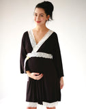 Belabumbum Lotus Kimono Robe A super soft baby jersey maternity and nursing robe featuring signature luxe Lotus lace trim, 3/4 kimono sleeves and pretty satin ties. in color Black/Pearl and shape robe