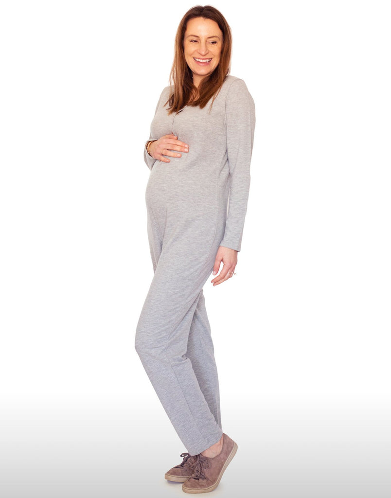 Belabumbum Long Sleeve Henley Union Suit in color Gray Marl and shape romper