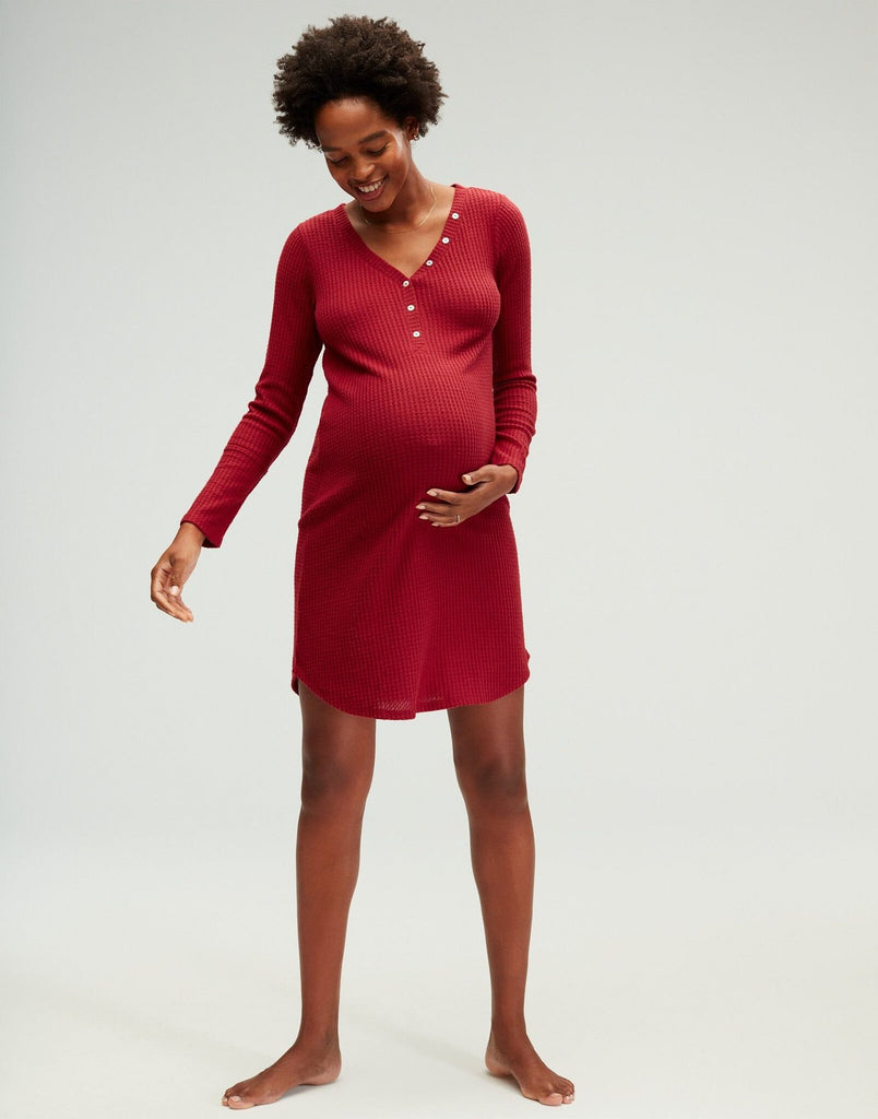 Belabumbum Cozy Henley Nightie Maternity & Nursing Nightshirt in color Rio Red and shape sleepshirt