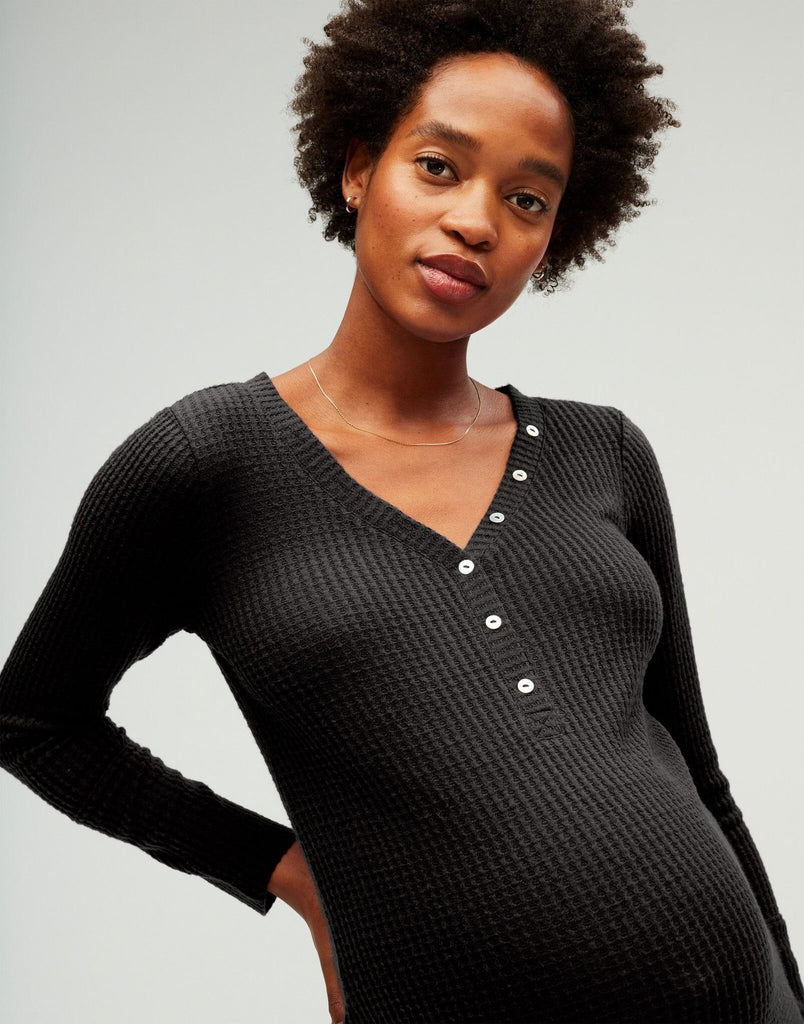 Belabumbum Cozy Henley Nightie Maternity & Nursing Nightshirt in color Jet Black and shape sleepshirt