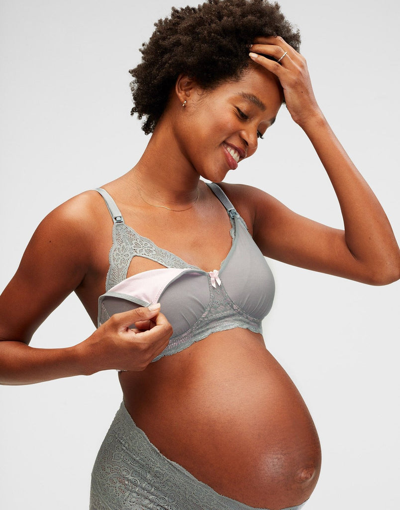 Belabumbum Tallulah Mesh Maternity & Nursing Bra in color Pewter and shape full coverage