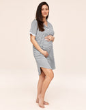 Belabumbum Ashley Nightshirt Maternity & Nursing Button Down in color Gray/White Stripe and shape sleepshirt